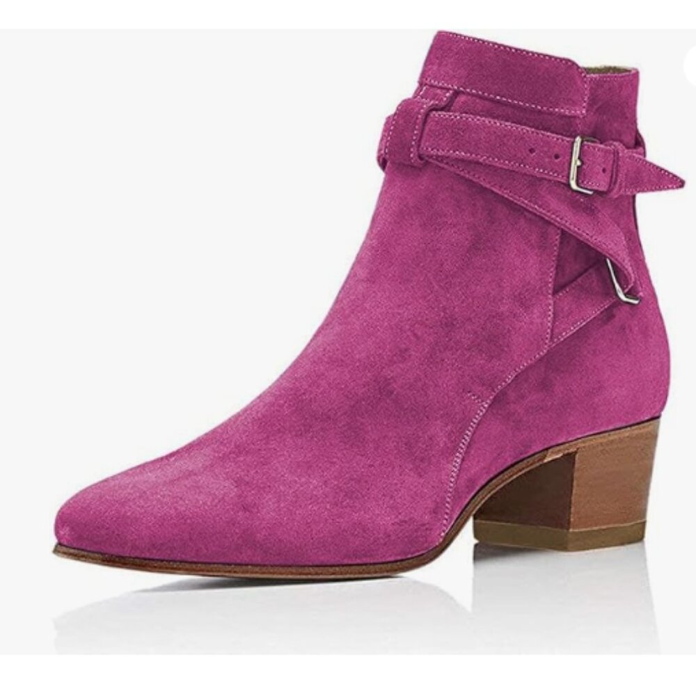 YDN Fuchsia Block Low Heel Suede Cowgirl Boots Pull on Ankle Bootie with Buckle